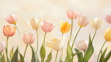 Elegant soft tulip pattern in pastels on cream background for tranquil home decor