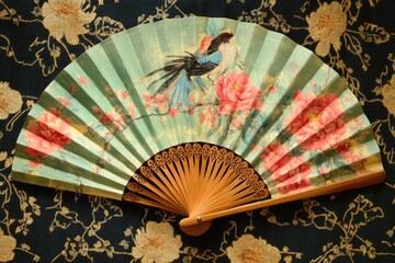An intricately painted Chinese fan with floral and bird motifs