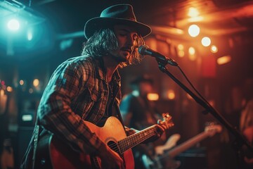 Obraz premium Musician singing and playing acoustic guitar during a live concert