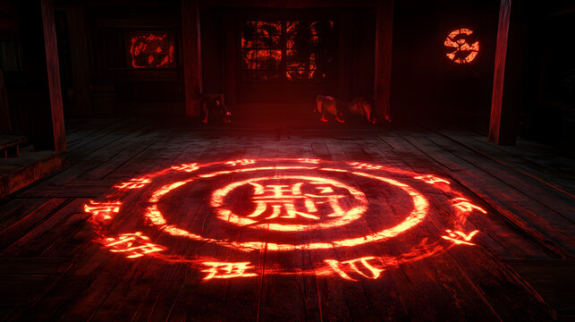 A Dramatic Summoning Circle in a Shadowy Samurai Dojo with Fiery Oxen and Pulsating Runes