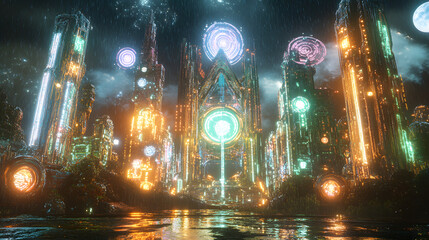 Obraz premium An Enigmatic Cyberpunk Portal Set Amidst a Thriving Neon Dystopia with Reflections and High-Tech Wonders
