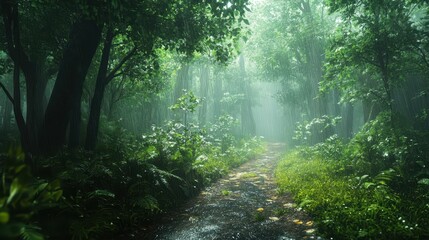 Obraz premium Lush green rainy forest path water droplets create a tranquil atmosphere