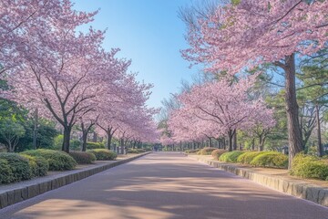 Fototapeta premium Beautiful cherry blossom trees line paved path in scenic park