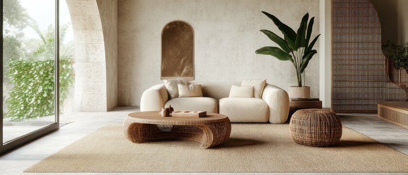 Stylish boho-chic living room woven rattan and modern design for cozy elegance