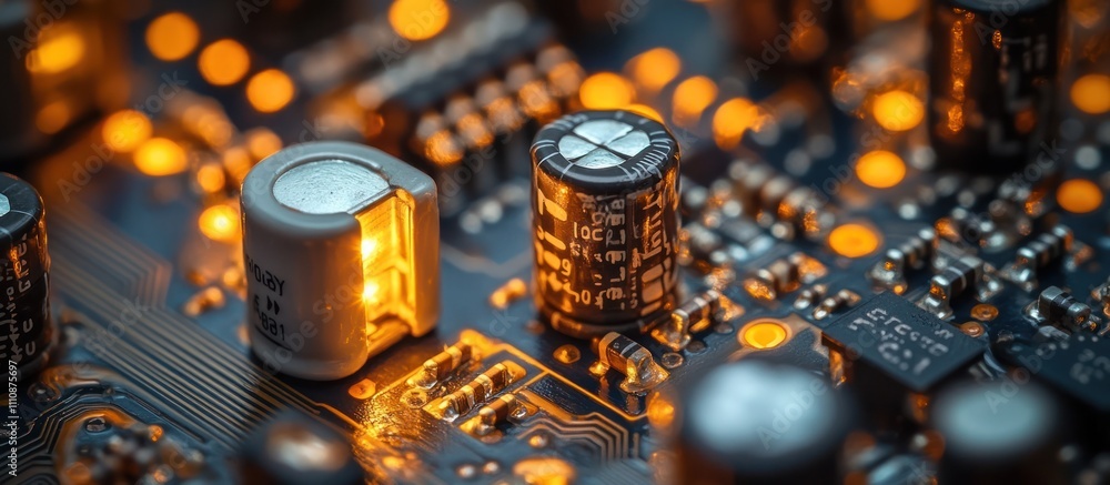 Poster close-up of a circuit board with glowing capacitors and electronic components.