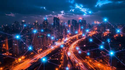 Illuminated Cityscape Showing Interconnected Network at Night