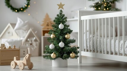 Christmas nursery concept. A cozy nursery decorated for Christmas with a small tree, toys, and holiday ornaments creating a festive atmosphere.