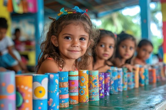 Smiling hispanic girl showing her artwork made with recycled material at kindergarten
