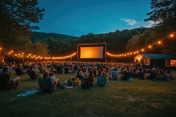 Crowd watching movie at outdoor cinema in the woods at night