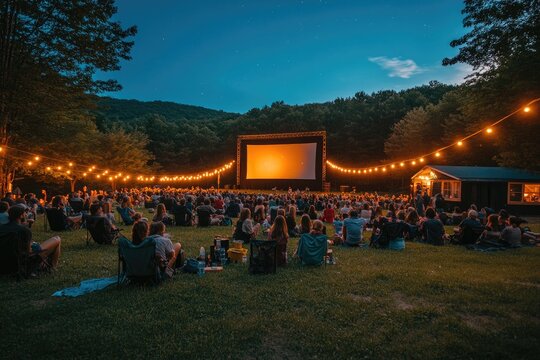 Crowd watching movie at outdoor cinema in the woods at night