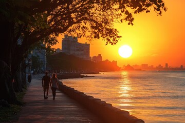 Couple walking on the malecon at sunset in havana, cuba