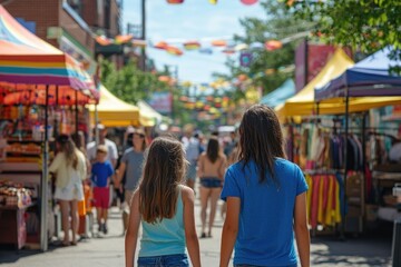 Two girls walking down street at outdoor summer festival