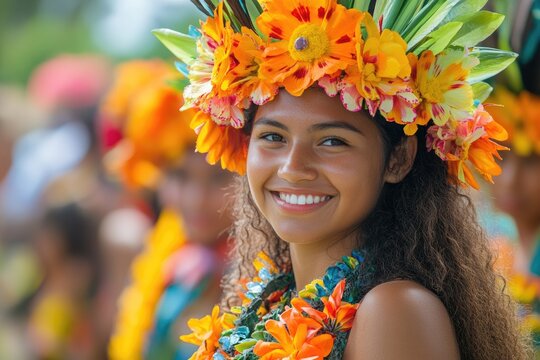 Polynesian dancer smiling with flower crown and lei