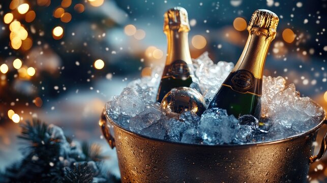 Champagne bottles cooling in ice bucket during christmas celebration