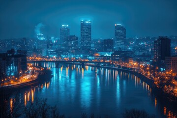 Pittsburgh skyline reflecting in allegheny river at night