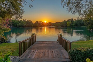 Wooden pier extending into serene lake at sunset