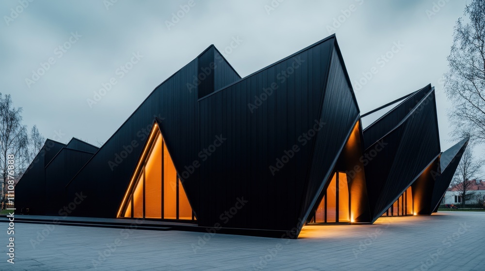Poster a striking modern architectural structure with sharp angles and warm lighting, set against a moody s