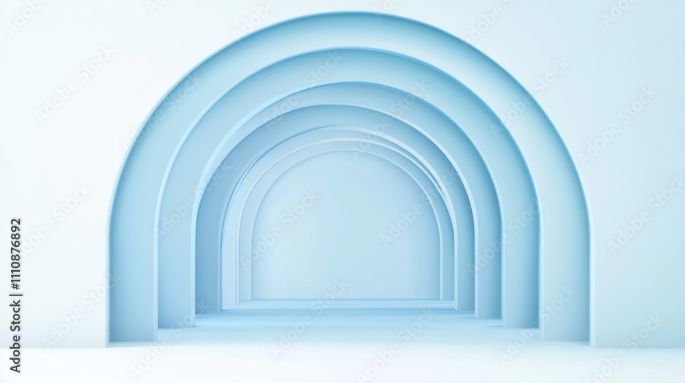 Poster a serene, minimalist design featuring layered arches in soft blue tones, creating a sense of depth a