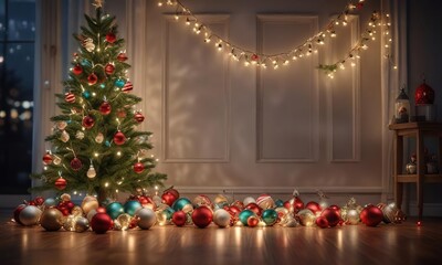 A festive holiday scene with Christmas lights and ornaments, ambient glow, illuminated space