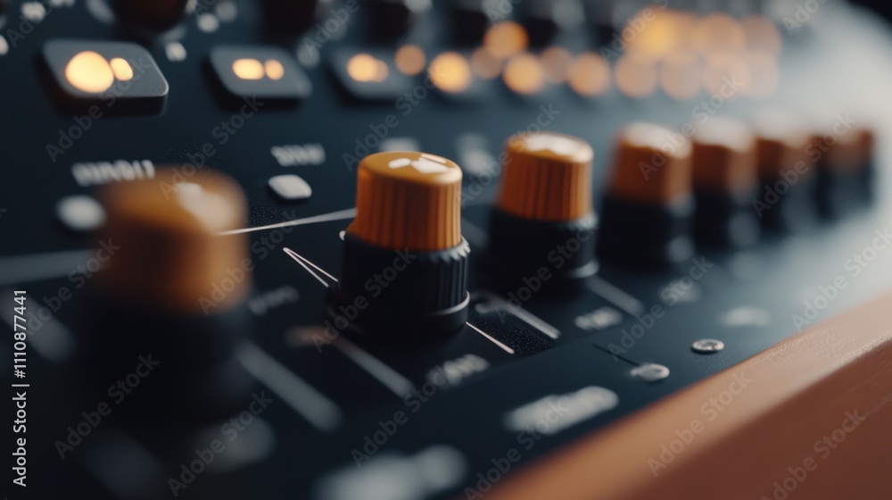 Poster a close-up of a music mixer showcasing knobs and buttons, emphasizing its sleek design and professio