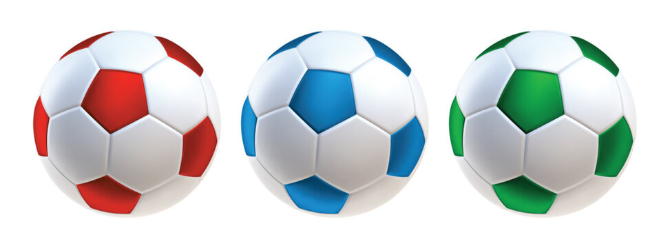 white soccer balls 3d icons. Balls with red blue and green colors inserts. 3d vector render Symbol or emblem football . Vector illustration