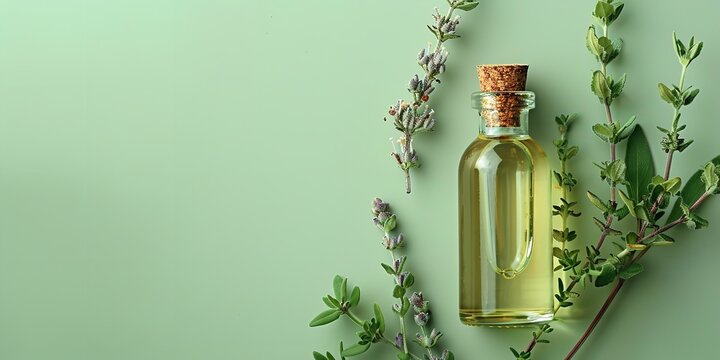 A large copy area with a light green background featuring a close-up and overhead portrait&nbsp;of wormwoods and their essential oil, Generative AI.