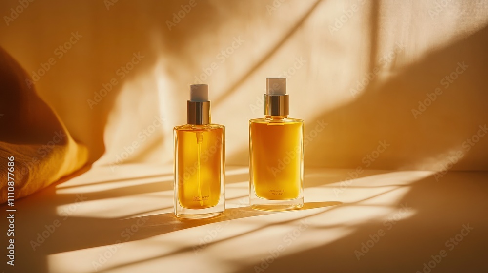Poster elegant bottles of fragrant oil displaying rich amber color under gentle natural light creating a wa