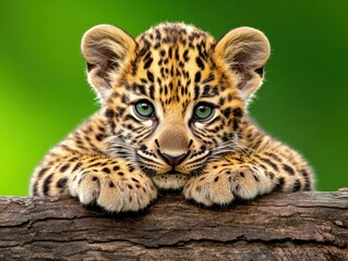 Obraz premium Adorable Leopard Cub with Big Eyes Resting on Tree Trunk