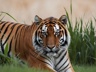 Obraz premium A striking tiger resting in the tall grass the jungle.