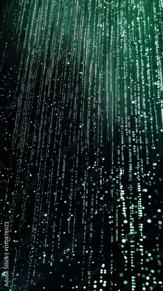Poster virtual space tech cascading glowing binary code on dark green digital background