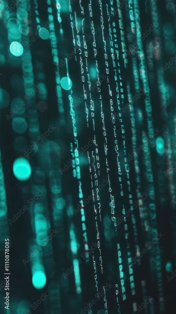 Poster cascading glowing binary code in a dark green virtual space an abstract data visualization
