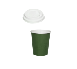 Aromatic coffee in takeaway green paper cup in air on white background