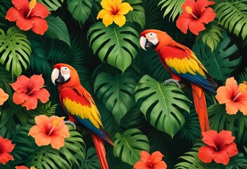 Tropical exotic pattern with animal and flowers in bright colors and lush vegetationn