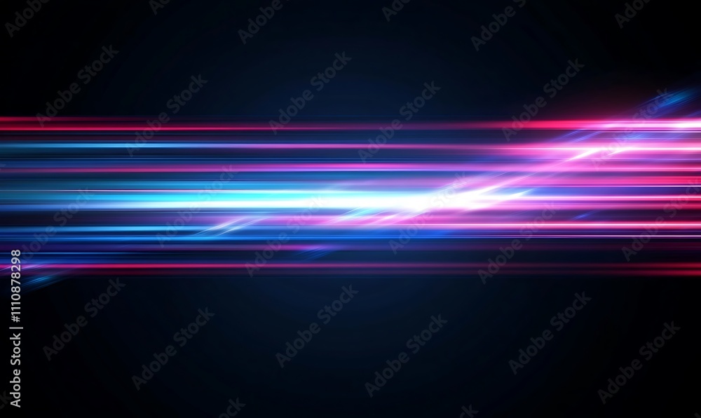 Poster blue, red and yellow light streaks on a black background with glowing horizontal lines in a high spe
