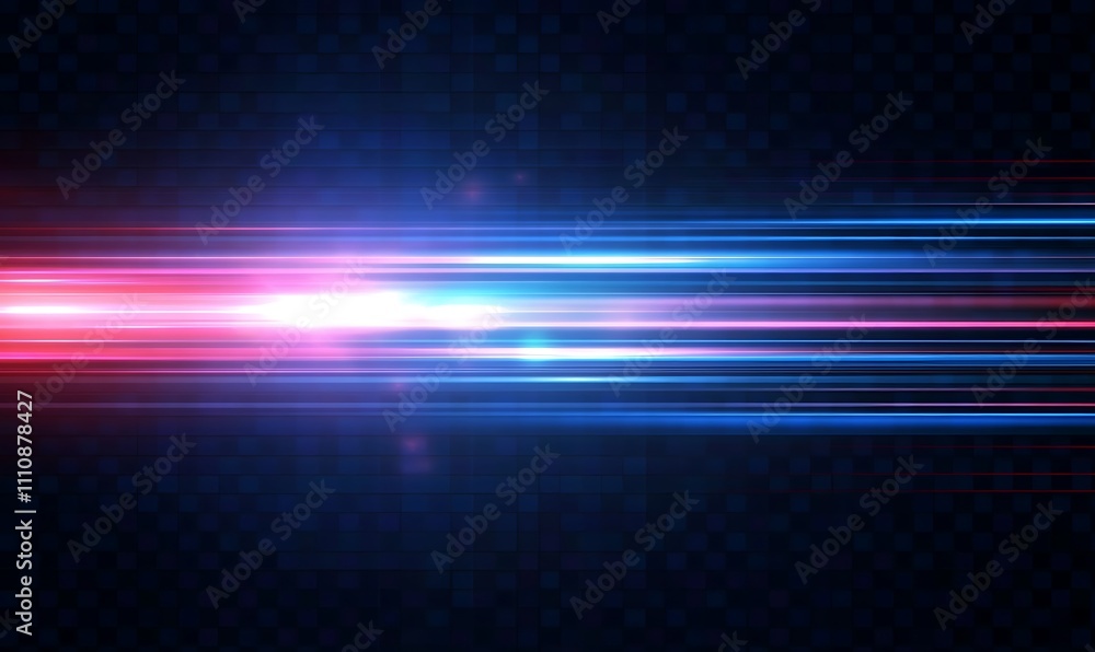 Poster blue, red and yellow light streaks on a black background with glowing horizontal lines in a high spe