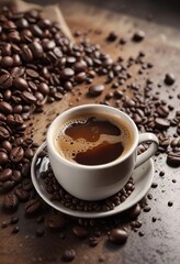 Obraz premium A fragrant cup of coffee with a few drops of oil floating on the surface and some nearby coffee beans, utensil, tablecloth, oil droplets