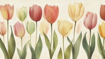Artistic pastel tulip pattern on cream textile for a cozy environment
