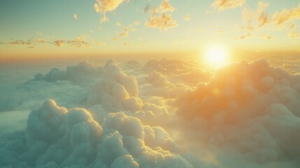 Golden sunset and white clouds transforming nature's tranquil evening sky