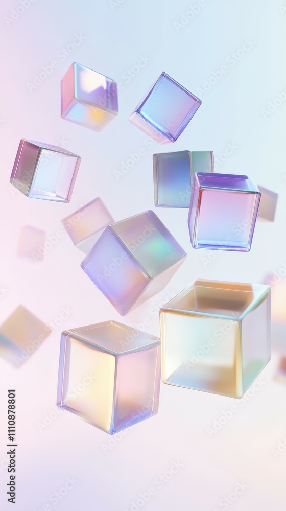 Poster modern aesthetic floating cubes in soft gradients against a white digital canvas