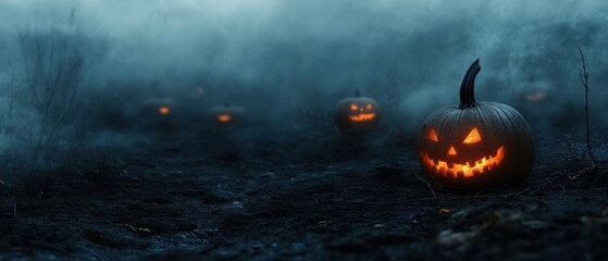 Naklejka premium Foggy cemetery shadows spooky jack-o'-lanterns for a haunting halloween celebration