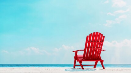 A solitary red beach chair stands on a sandy shore, overlooking the vast ocean. The sky is bright blue with a few fluffy clouds, creating a tranquil atmosphere