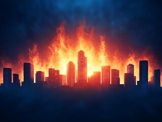 Dramatic city skyline silhouette with intense flame backdrop, illustrating urban menace.