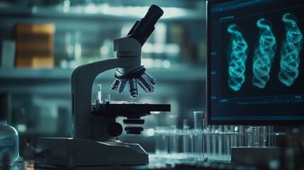 A laboratory workspace features a microscope and a digital screen displaying intricate biological samples. Glass containers and lab equipment surround the setup, highlighting scientific research