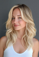 Fototapeta premium Blonde woman with shoulder-length hair, wearing a white tank 