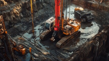 Fototapeta premium A construction site displays heavy machinery including drills and excavators working on a dirt and rock surface. The activity captures the essence of industrial progress