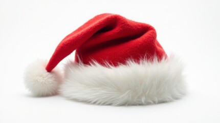 Close-up of Classic Santa Claus Red Hat with Velvet Fabric and Fluffy Fur Trim on White Background