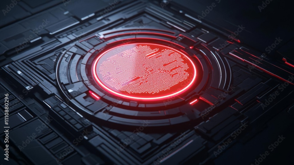 Aufkleber futuristic circuit design with glowing red elements on a dark surface.