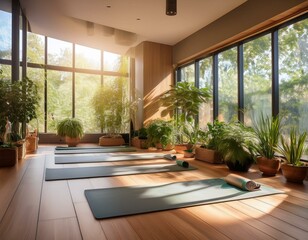peaceful and modern yoga studio with mats, plants, and natural light flooding the room