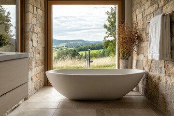 Fototapeta premium Modern bathroom features freestanding tub with scenic view