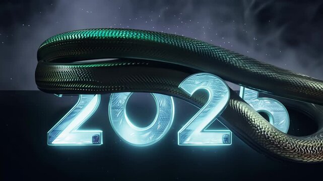 video of Snake New Year in 2025. glowing inscription 2025 with a snake moving around it